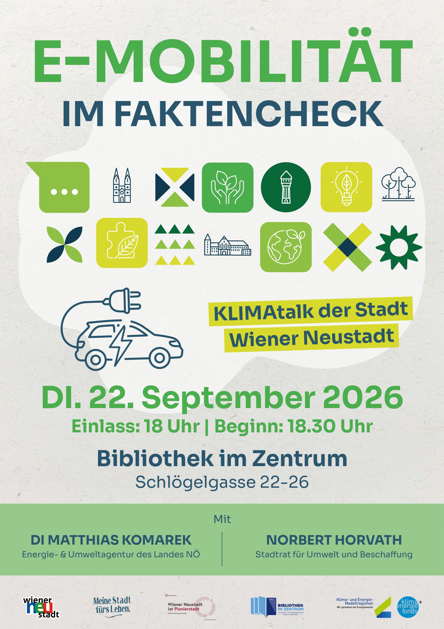 Plakat zum KLIMAtalk „E-Mobilität im Faktencheck“ in voller Größe.