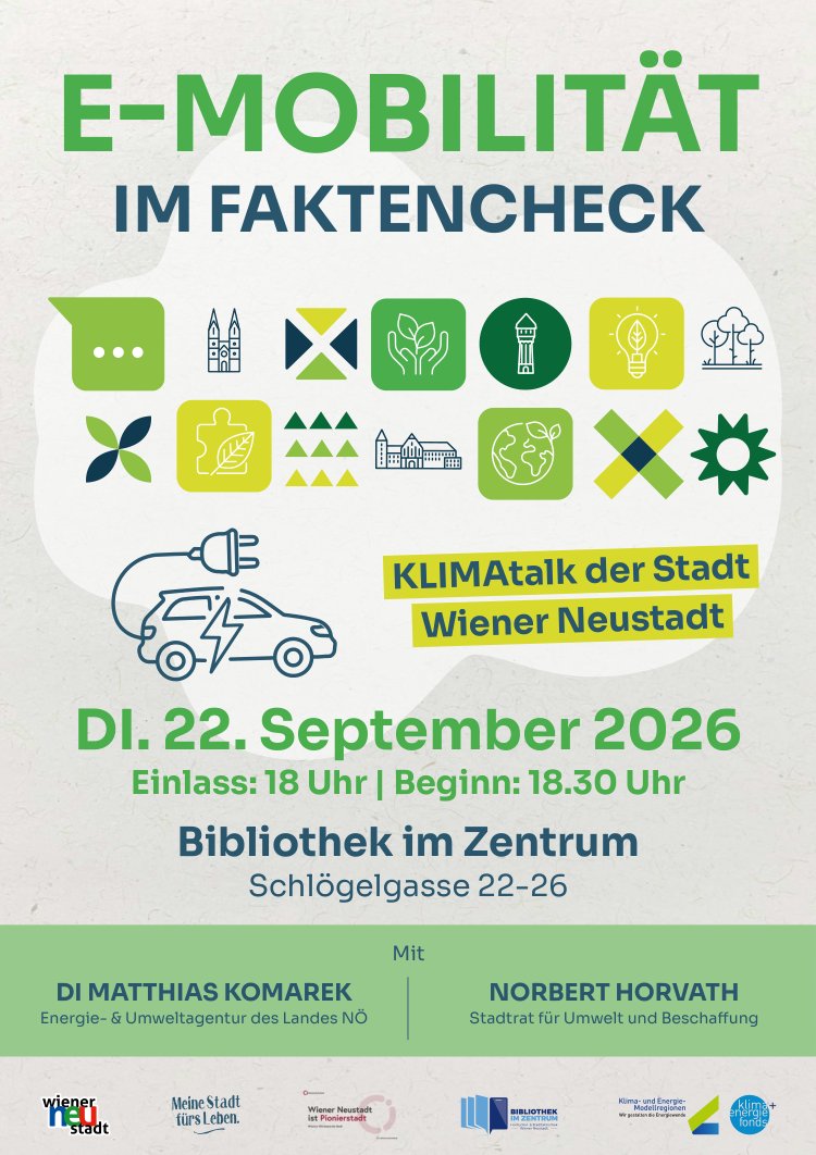 Plakat zum KLIMAtalk „E-Mobilität im Faktencheck“ am 22. September 2026 in der Bibliothek im Zentrum. Mit DI Matthias Komarek und Stadtrat Norbert Horvath.